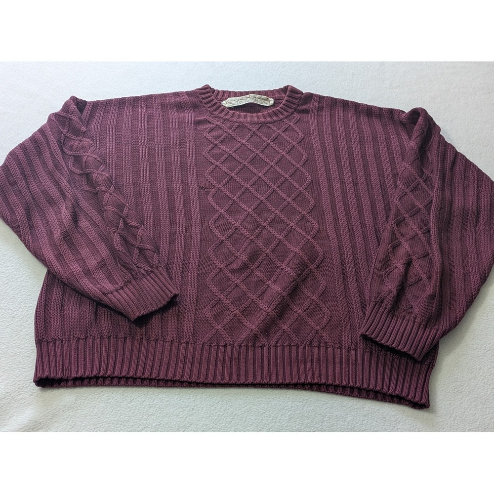Peruvian Connection Vtg Sweater Pima Cotton Purple Crew Neck Plum Cable Knit‎
